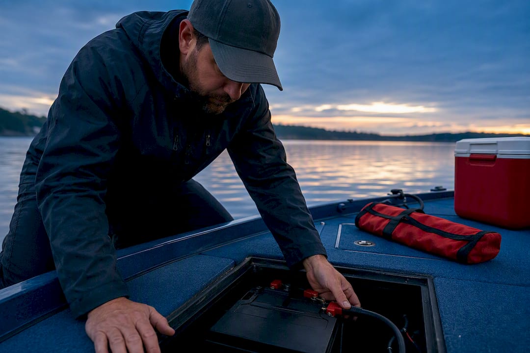 Boat battery compartment beside trolling motor