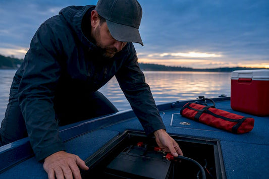 Boat battery compartment beside trolling motor