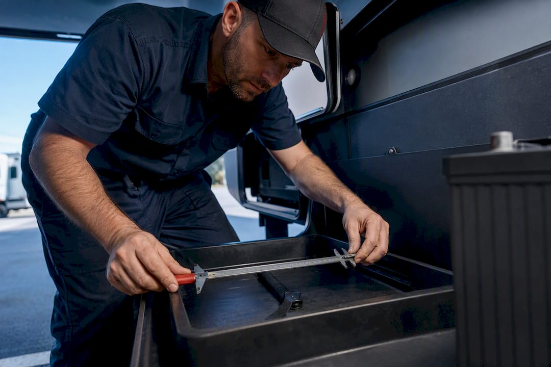 Technician measuring a battery tray