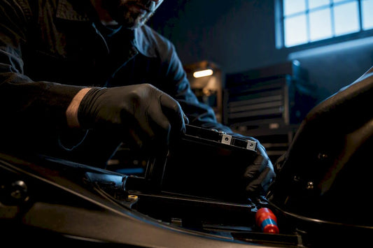 Technician replacing a motorcycle battery