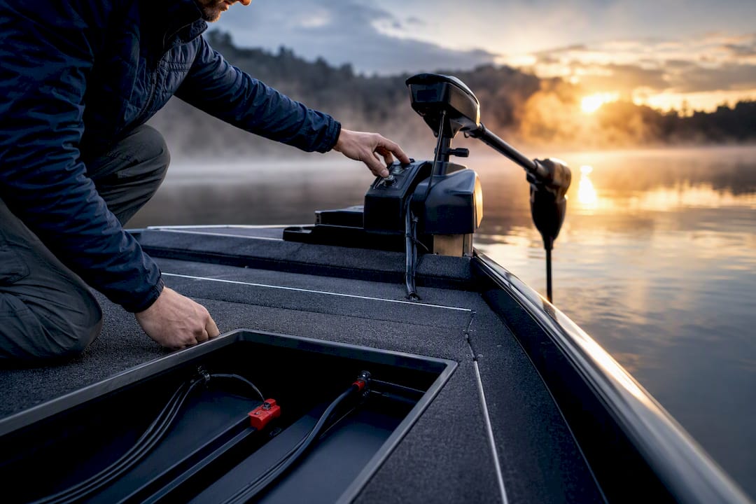 Trolling motor and partially framed battery compartment