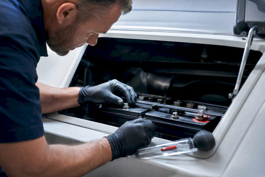 Technician checking marine battery terminals
