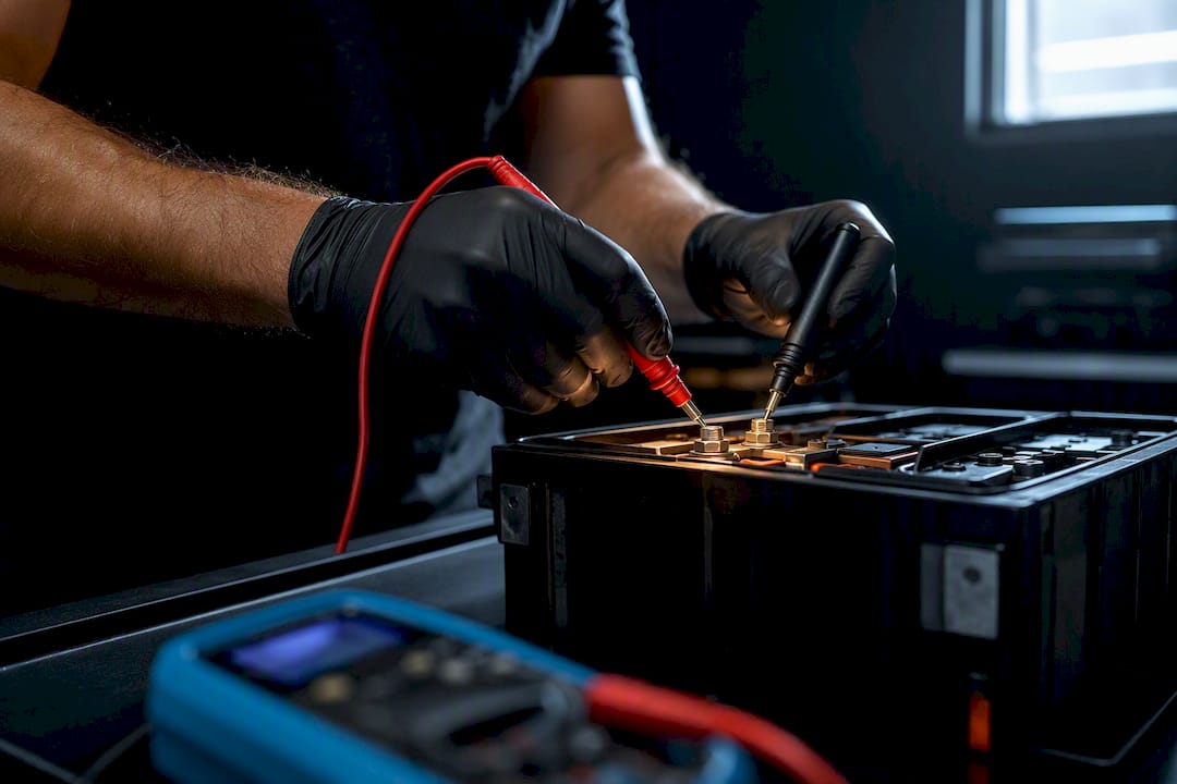 Technician measuring lithium battery voltage