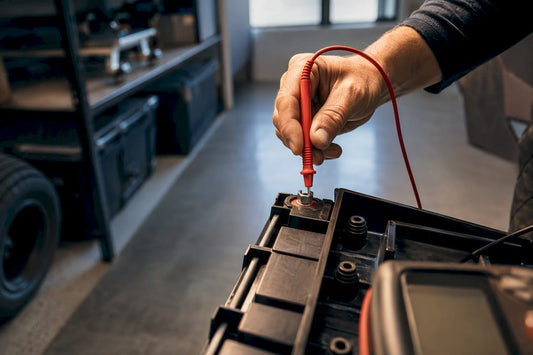 Technician checking battery terminal voltage