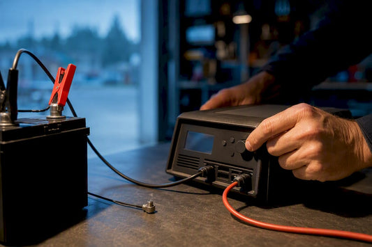 Technician adjusting AGM charger near battery