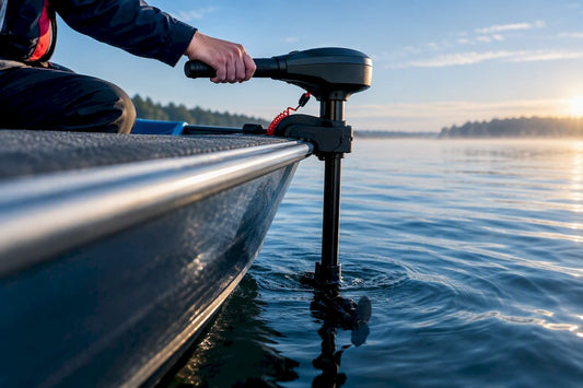 Angler operating trolling motor on lake