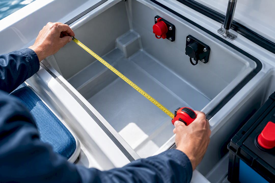 Hands measuring a marine battery compartment