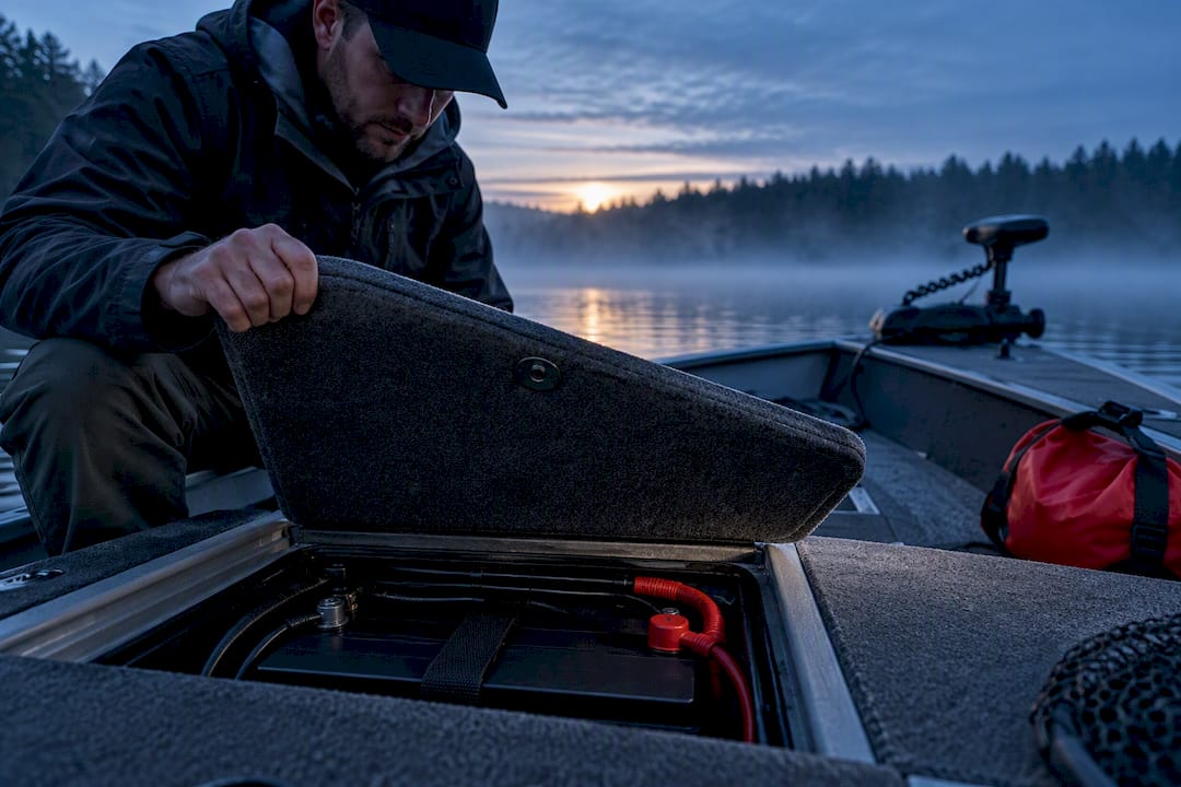 Angler inspecting boat battery compartment
