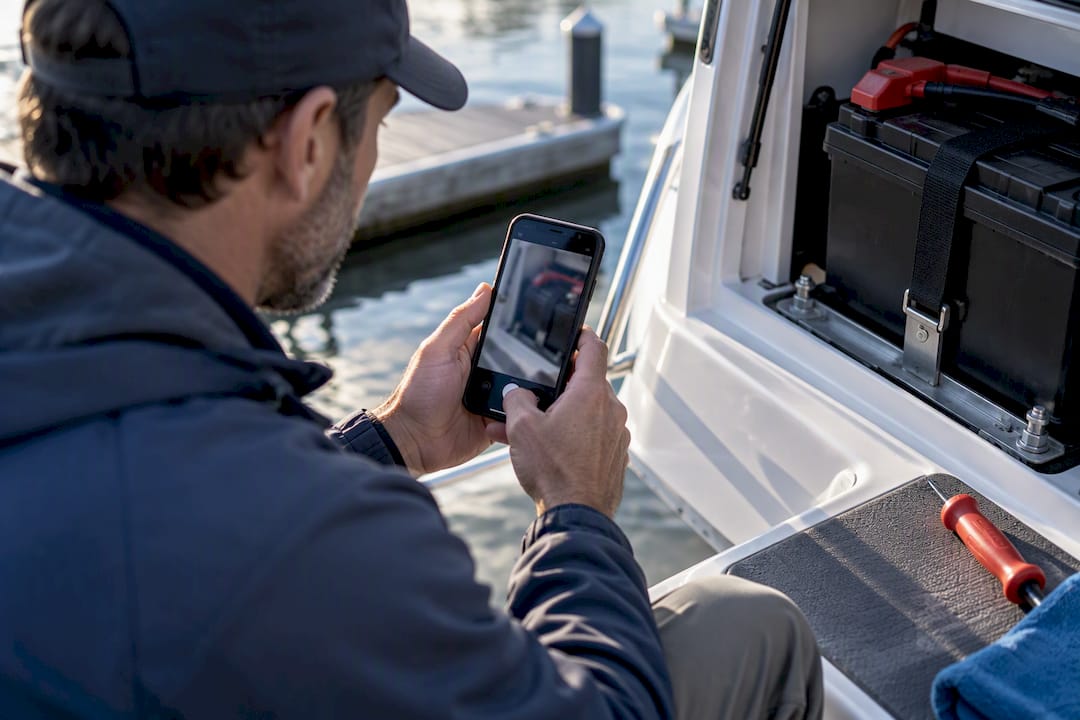 Boat owner documenting marine battery installation