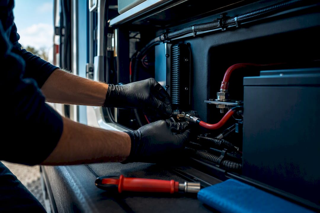 Technician securing RV DC-DC charging connection