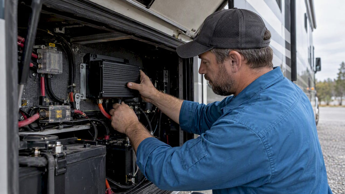 Technician installing DC-DC charger in motorhome