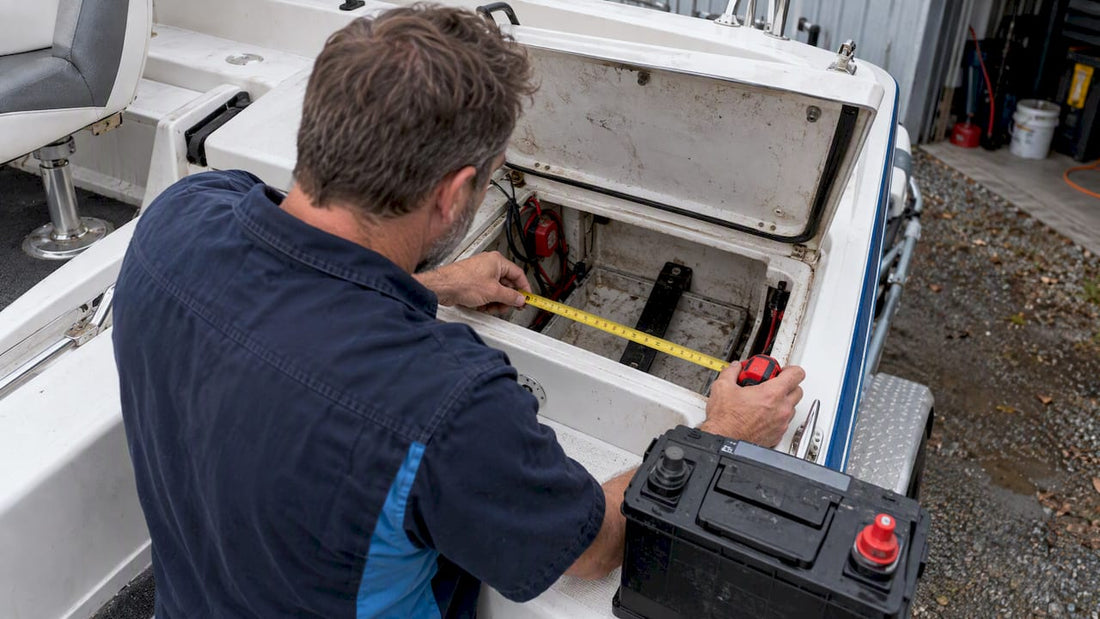 Owner measuring boat battery compartment