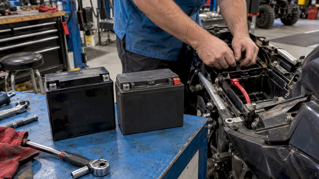 AGM and gel batteries beside motorcycle tray