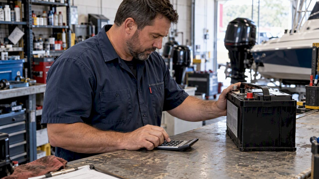 Technician comparing a battery rating and calculation