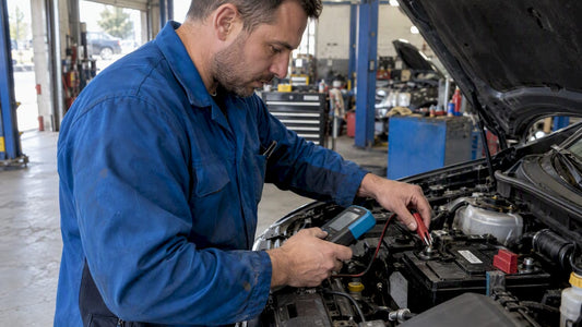 Technician testing a car battery in a garage