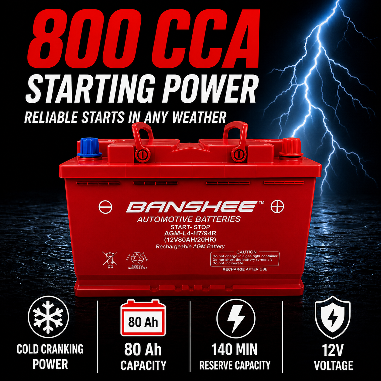Banshee 94R H7 AGM Car Battery 800 CCA 12V 80Ah Start Stop Ready Banshee 94R H7 AGM Car Battery 800 CCA 12V 80Ah Start Stop Ready