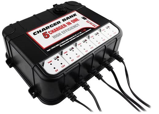 High-Performance 1.5 Amp 6 Volt and 12 Volt - 5 Bay SLA Battery Charger with Dual USB Ports and a 2-Year Warranty